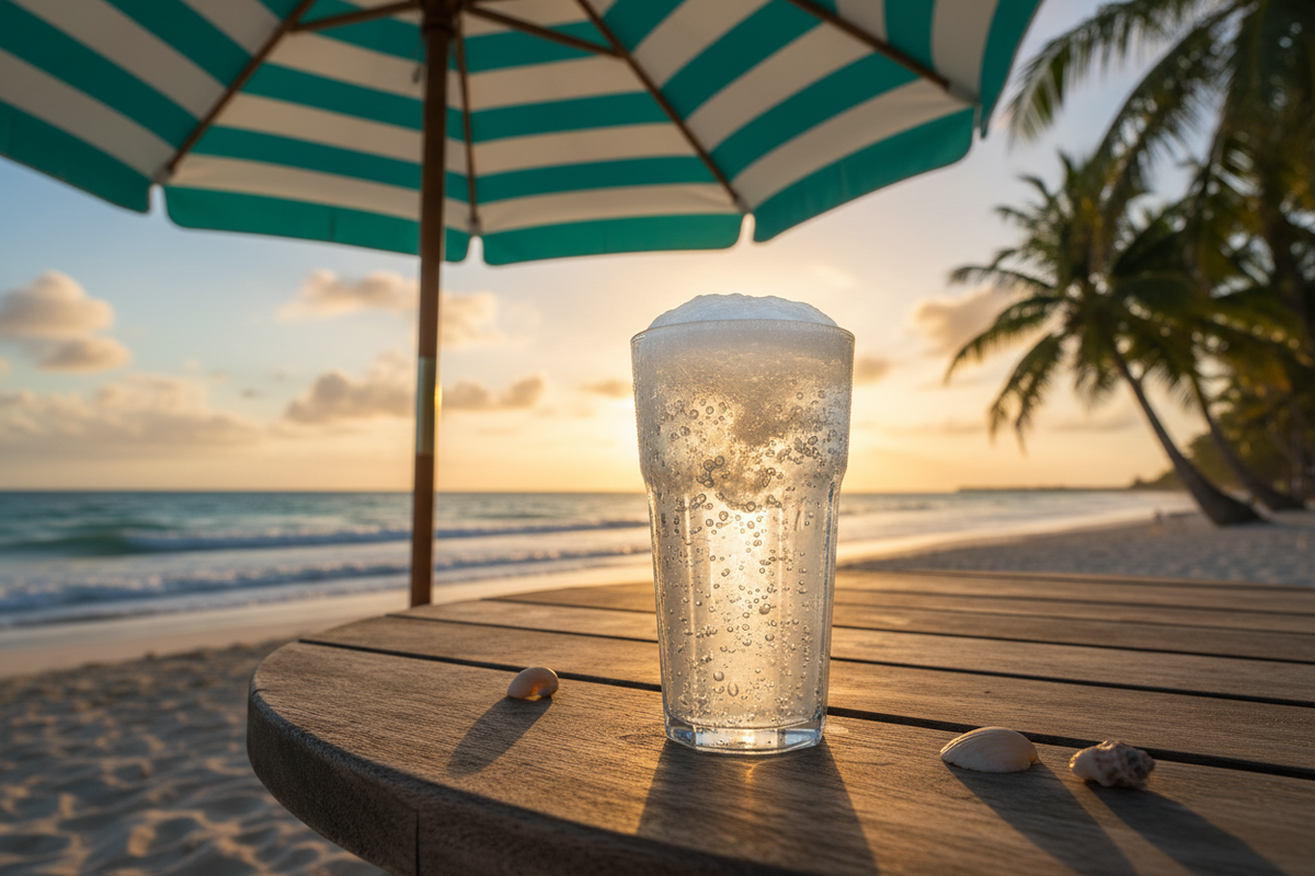 Chilled Coconut Water Fizz on Beach